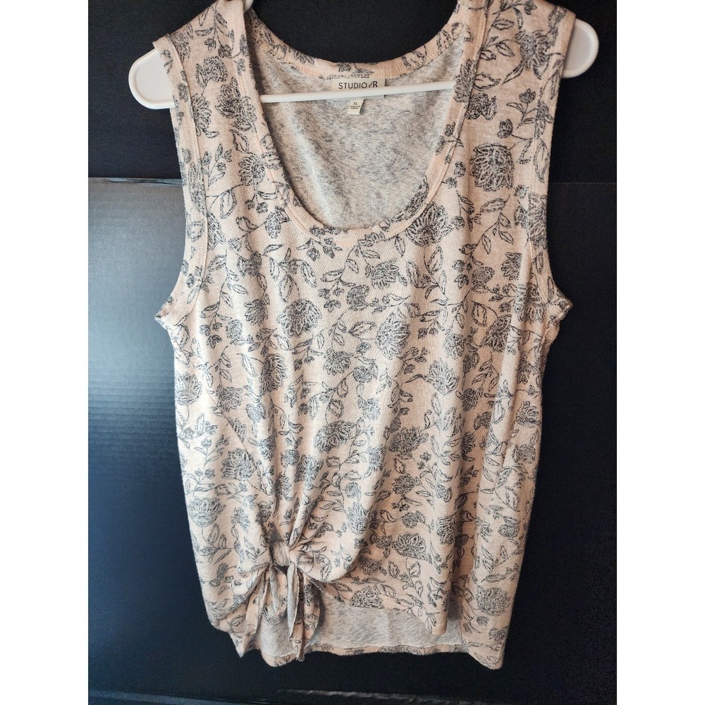 STUDIO B Bobeau Womens XL Sleeveless Cream Blk Floral Tie Hem